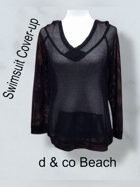 d & co‎ Beach Black Mesh Hooded Swimsuit Cover-Up Size Small